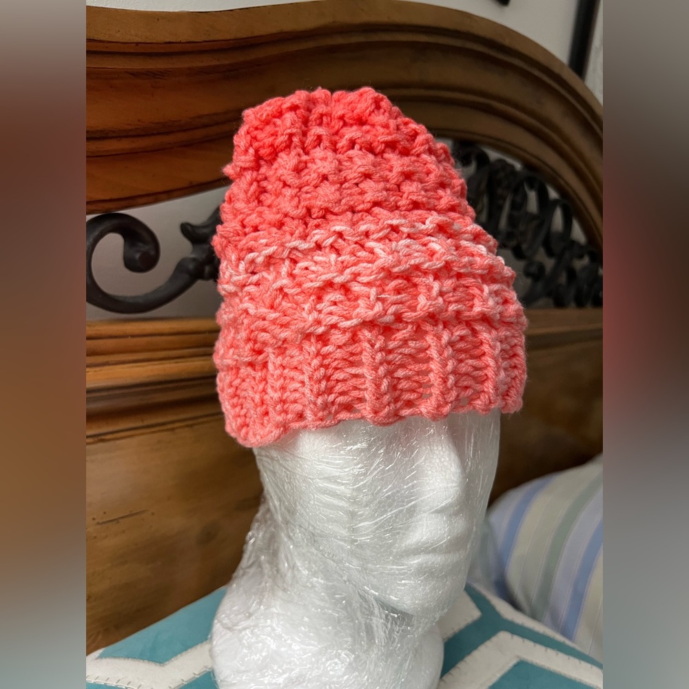 Hand knit hat ombré orange red heart yarn. L-8”